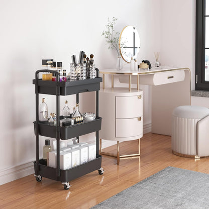 Calmootey 3-Tier Rolling Utility Cart with Drawer,Multifunctional Storage Organizer with Plastic