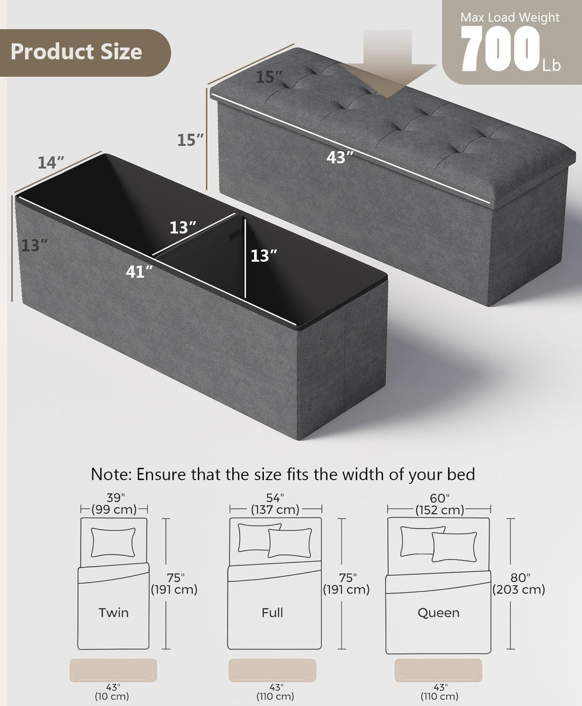 Storage Ottoman Bench, Folding Ottoman Foot Rest, 15 x 43 x 15 Inches, End of Bed Bench, Storage