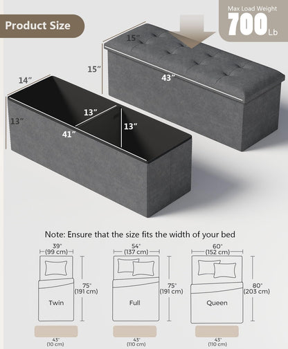 Storage Ottoman Bench, Folding Ottoman Foot Rest, 15 x 43 x 15 Inches, End of Bed Bench, Storage