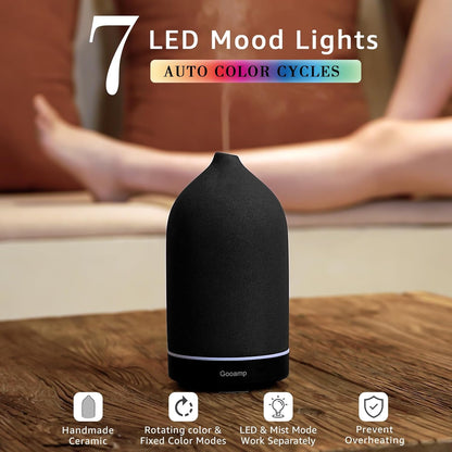 200ML Ceramic Essential Oil Diffuser - Ultrasonic Aromatherapy & Humidifier with 7-Color LED