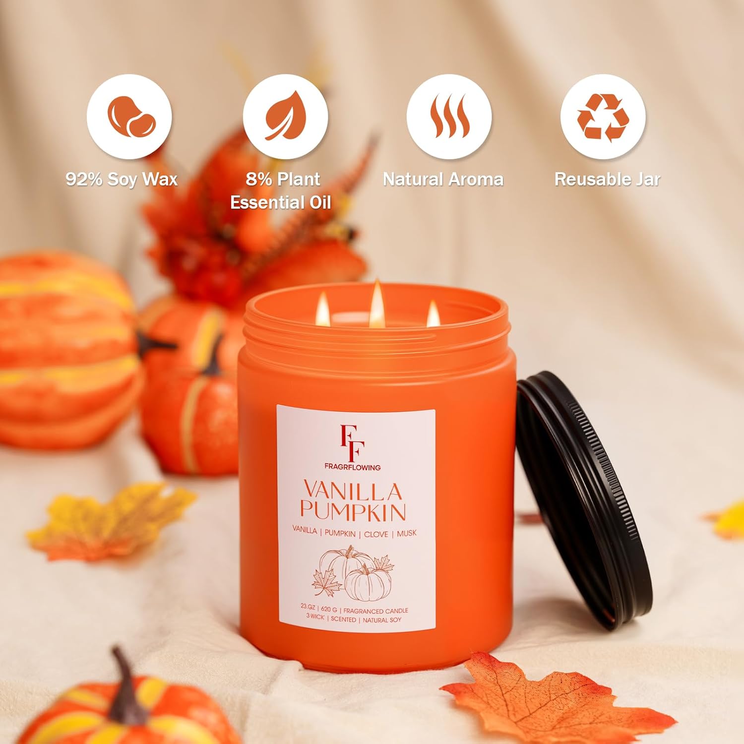 Large Fall Candle Vanilla Pumpkin Scented, 3-Wick 22oz Long Lasting Scented Candle, Natural Soy Wax