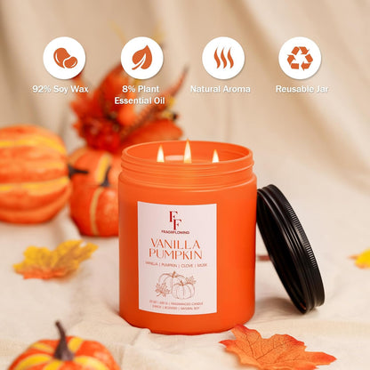 Large Fall Candle Vanilla Pumpkin Scented, 3-Wick 22oz Long Lasting Scented Candle, Natural Soy Wax