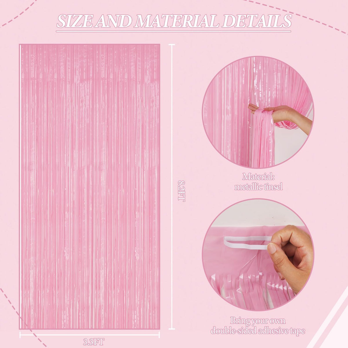 3 Pack Foil Fringe Backdrop - PastelPink Shiny Tinsel Curtains for Party Decoration/Photo Booth
