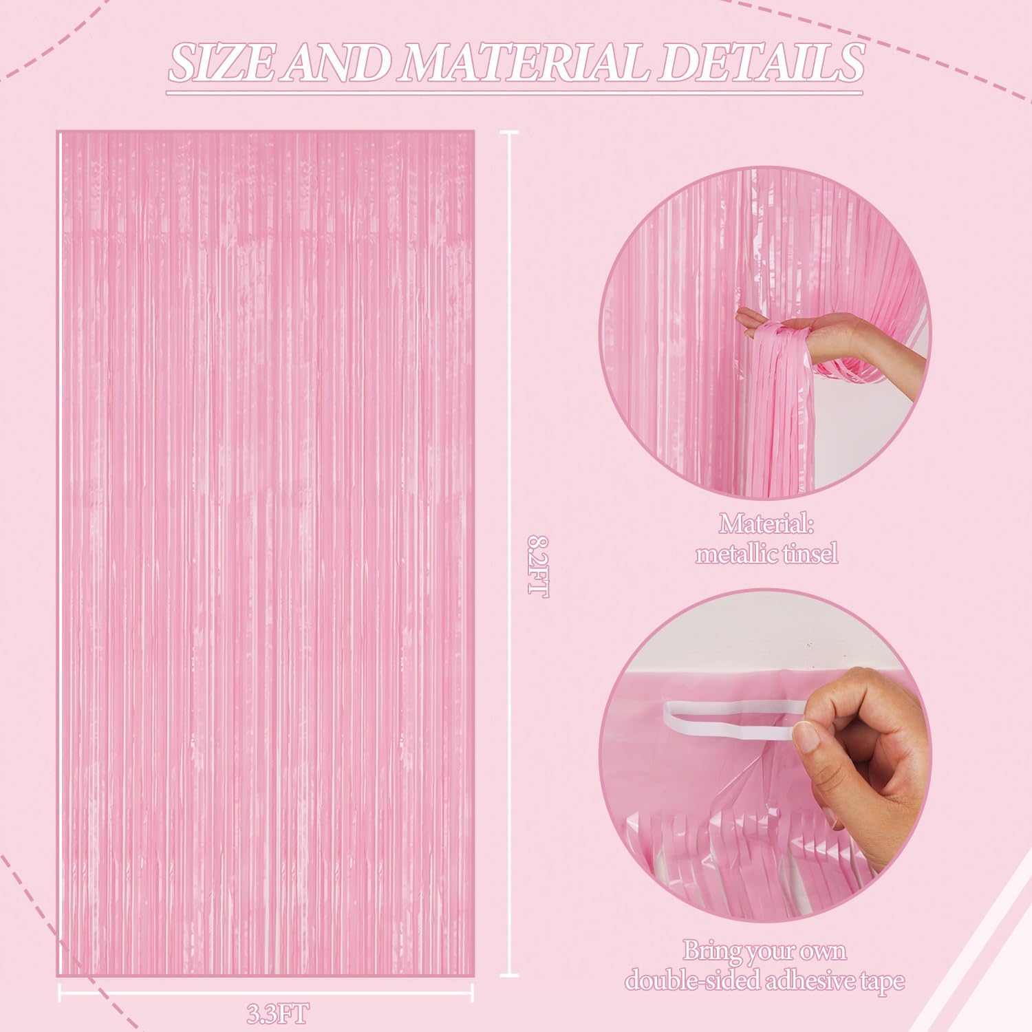 3 Pack Foil Fringe Backdrop - PastelPink Shiny Tinsel Curtains for Party Decoration/Photo Booth