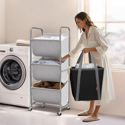 STORAGE MANIAC 120 Liters Vertical Rolling Laundry Hamper, 3 Section Laundry Sorter with Wheels and