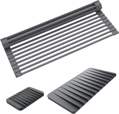Kraus Roll Up Dish Drying Rack with Self-Draining Silicone Dish Drying Mat and Silicone Soap Dish