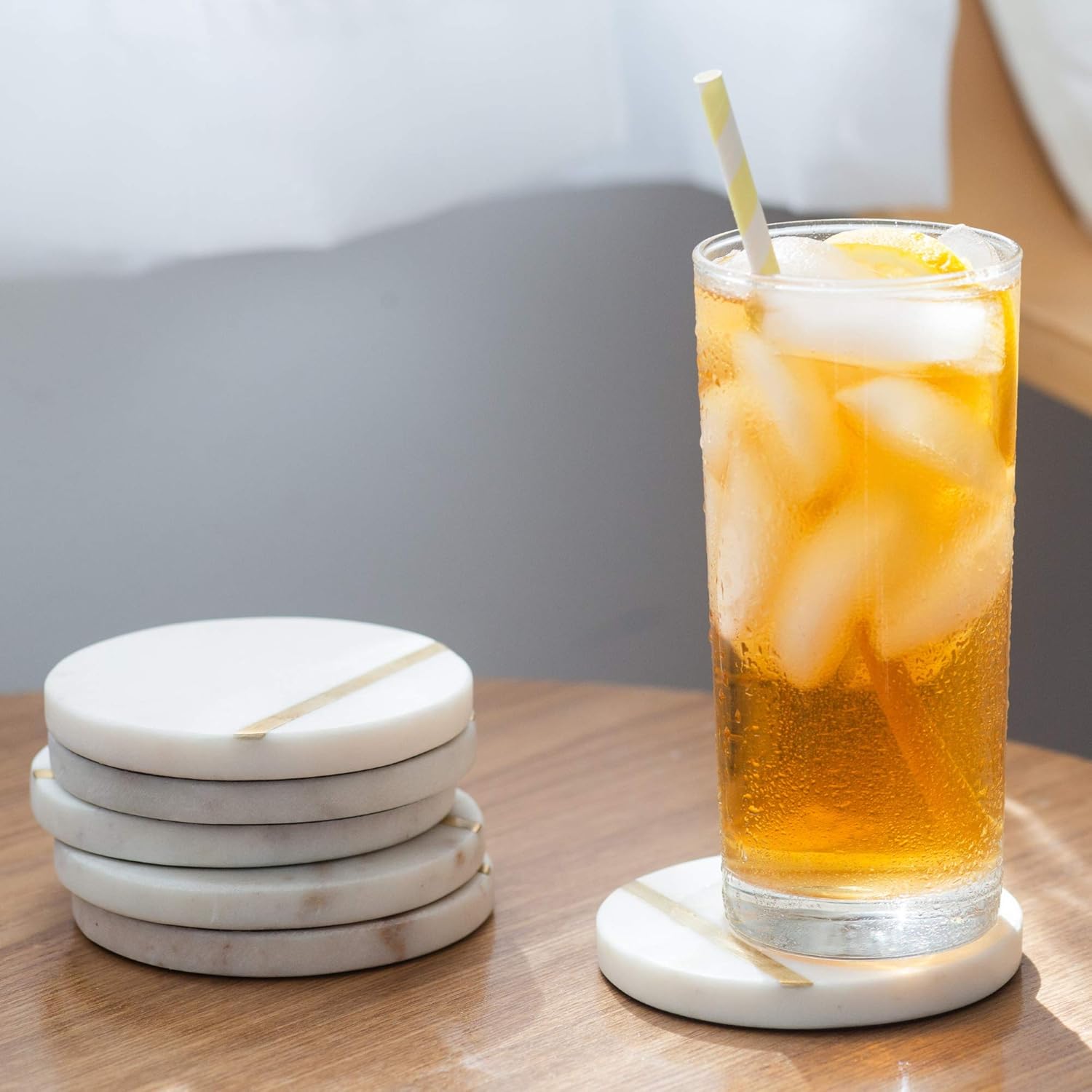 Cork & Mill Marble Coasters Set of 6 - Luxury Aesthetic Modern Decor for Coffee Table- White Marble