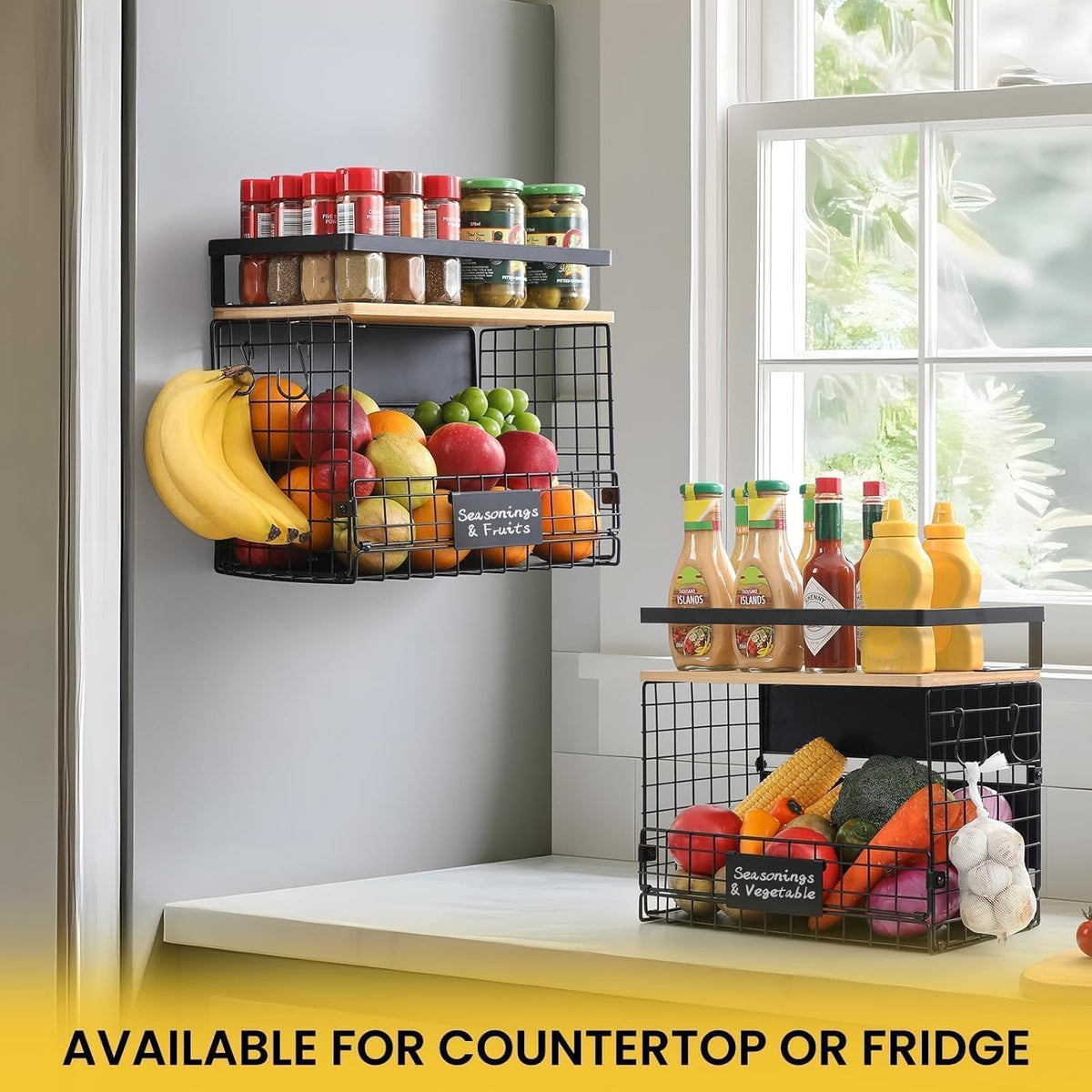 [WIDER Shelf]1 SET Strong Magnetic Shelf Basket for Fridge with Tag & Bamboo Top, XXL Large