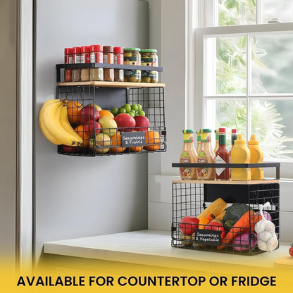[WIDER Shelf]1 SET Strong Magnetic Shelf Basket for Fridge with Tag & Bamboo Top, XXL Large