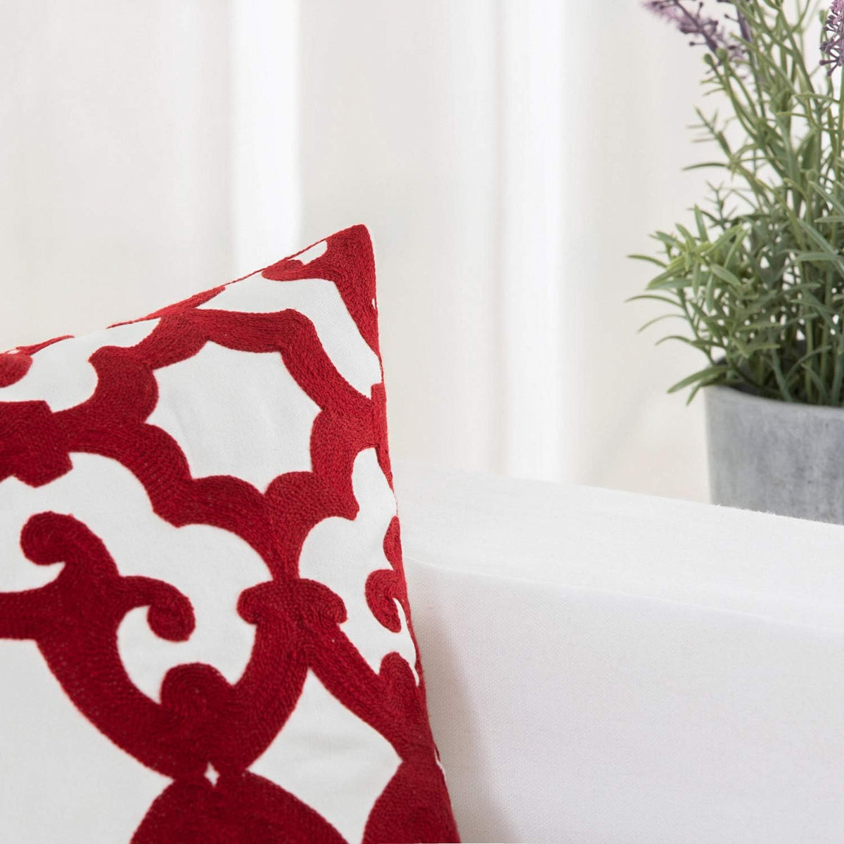 HWY 50 Red Decorative Throw Pillow Covers 18x18 Inch (1 Piece), Embroidered Cotton Farmhouse