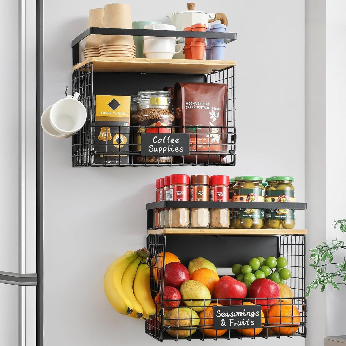 [WIDER Shelf]2 SET Strong Magnetic Shelf Basket for Fridge with Tag & Bamboo Top, XXL Large