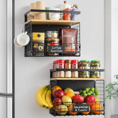 [WIDER Shelf]2 SET Strong Magnetic Shelf Basket for Fridge with Tag & Bamboo Top, XXL Large