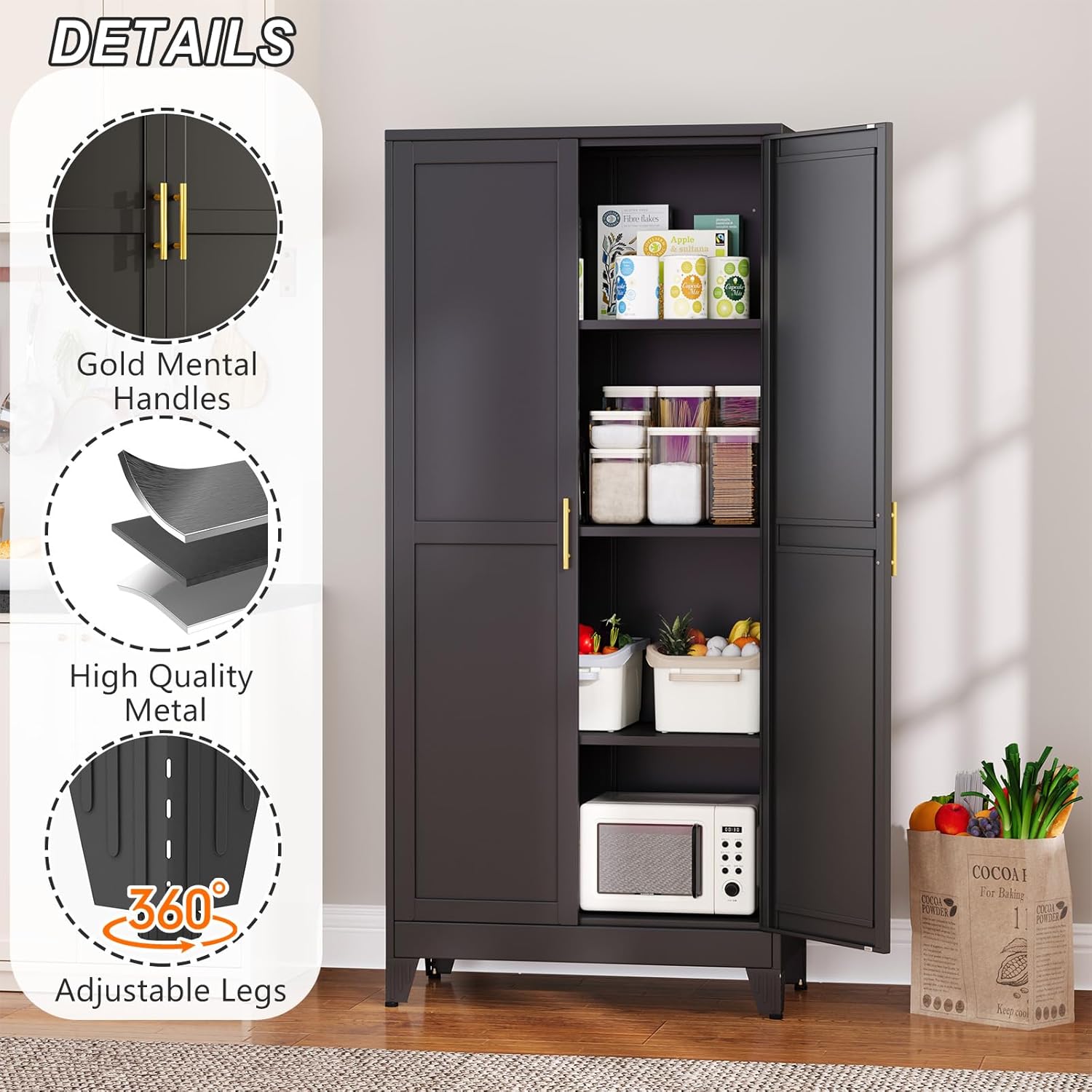 Metal Pantry Cabinet with 2 Doors and Adjustable Shelves, 61"Kitchen Storage Cabinet with Gold