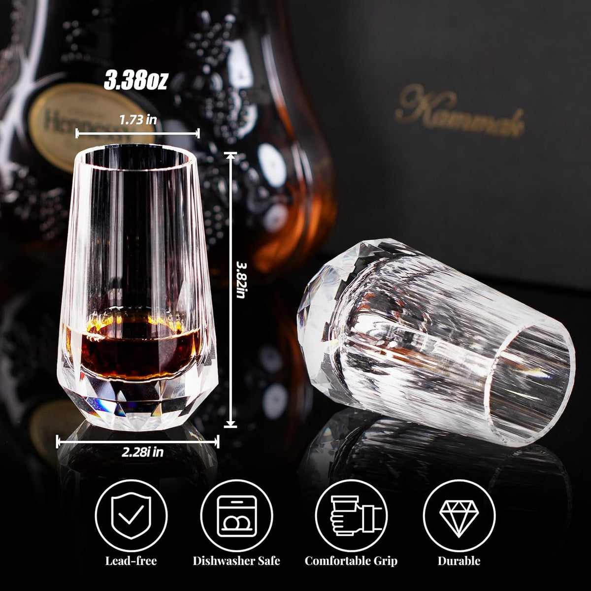 KAMMAK Crystal Whiskey Glasses Set of 2, Handcrafted Shot Glasses Stemless, 3.38oz Hand Blown White