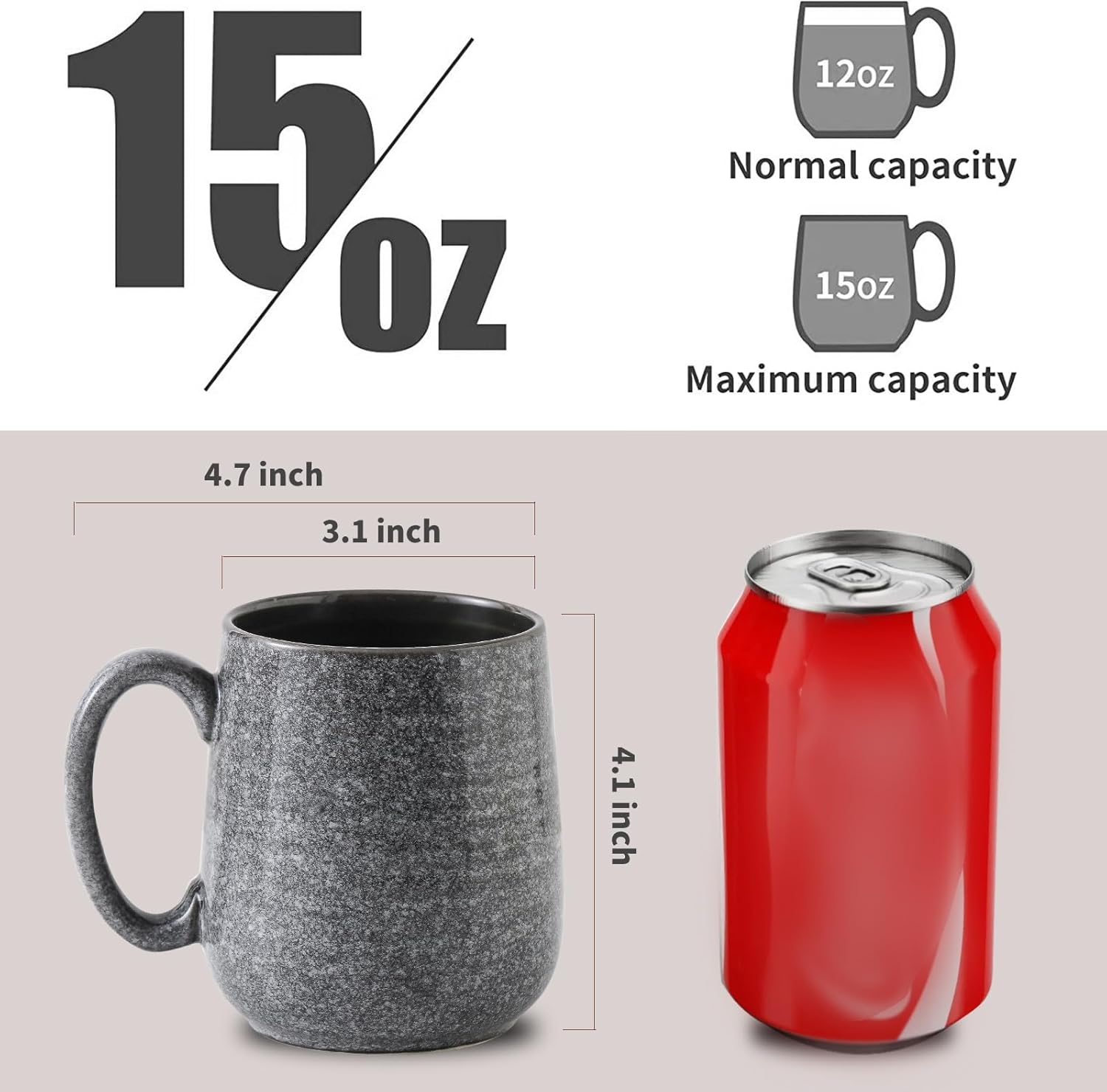Hasense Dark Grey Coffee Mugs Set of 4, 12oz Ceramic Coffee Cups, Latte Mug with Large Handle for