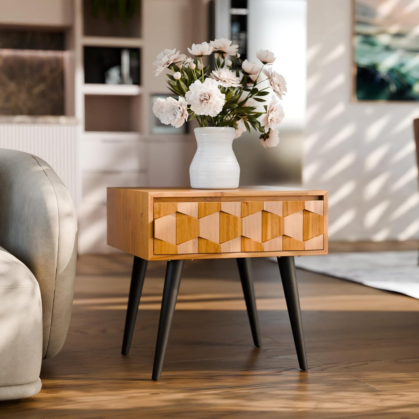 Bme Georgina Solid Wood Nightstands with Drawers - Fully Assembled Rustic Geometric Pattern Bedside