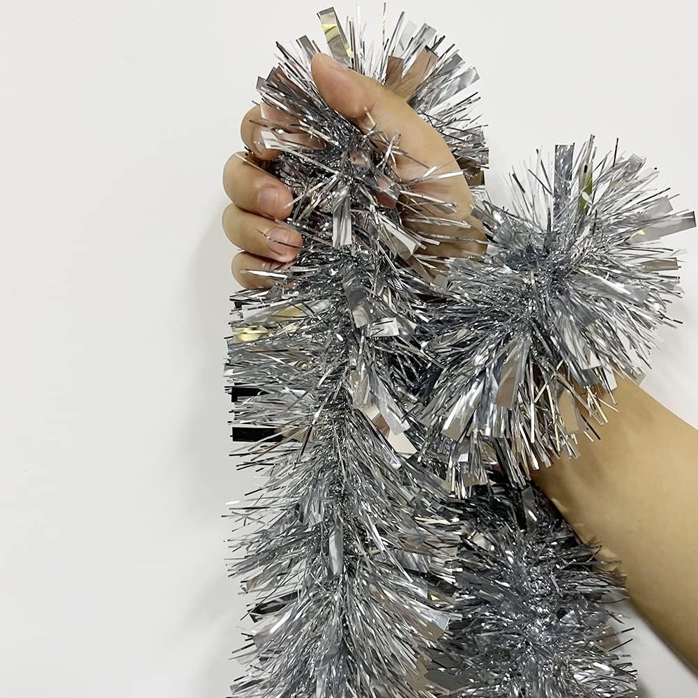 25 ft Long Roll Silver Tinsel Twist Garland, Shiny Metallic Foil Decorations for Parade Floats