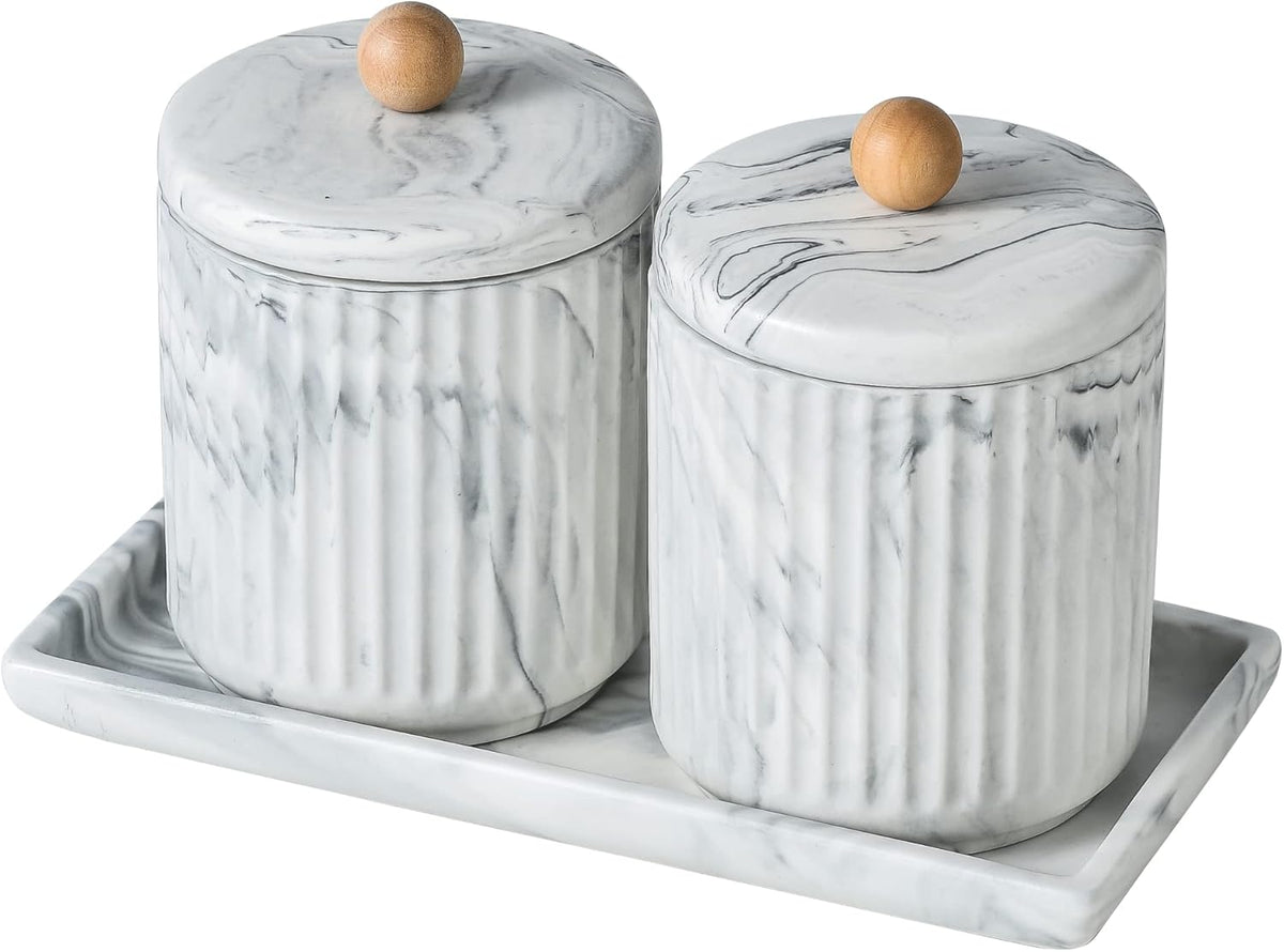 Marble Small Bathroom Jar Set ，Ceramic Cotton Swabs Holder with Lid and Dresser Organizer Set Tray
