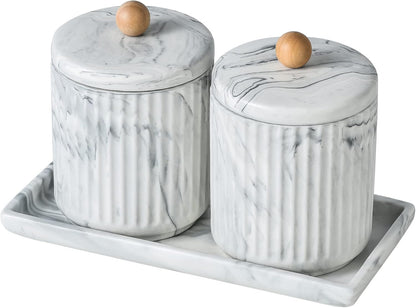 Marble Small Bathroom Jar Set ，Ceramic Cotton Swabs Holder with Lid and Dresser Organizer Set Tray