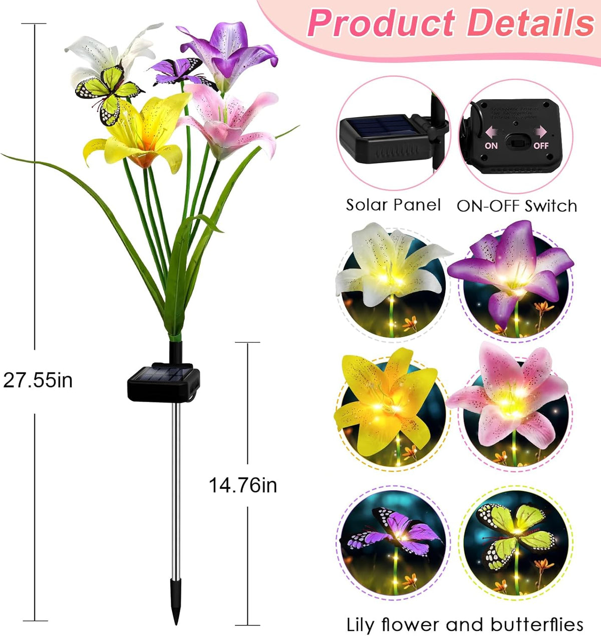 Solar Garden Lights Outdoor, 4 Pack Flower Lights for Outside, 16 Solar Lilies with Butterflies