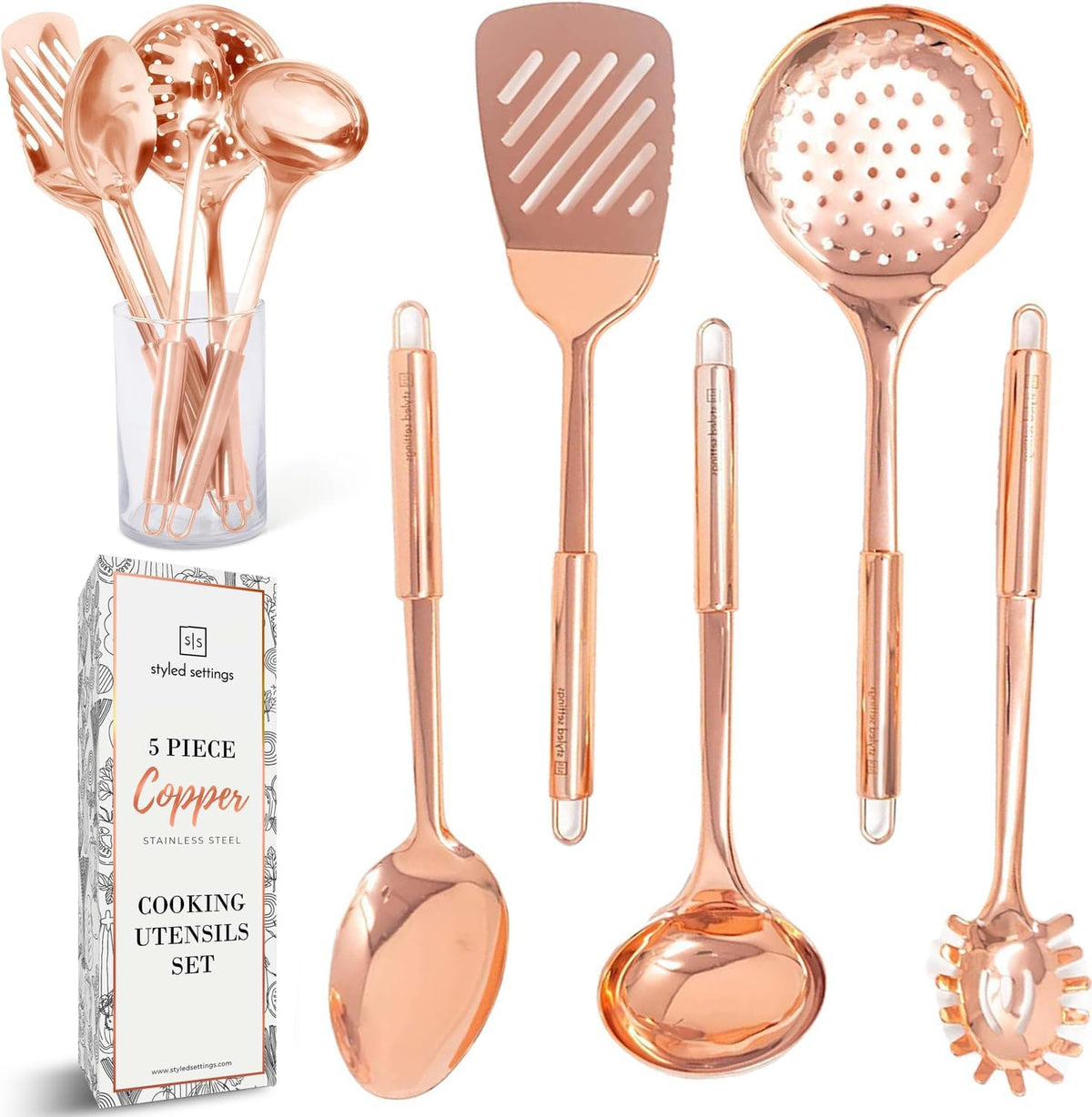 Copper Cooking Utensils Set – 5-Piece Rose Gold Stainless Steel Kitchen Tools for Cooking and