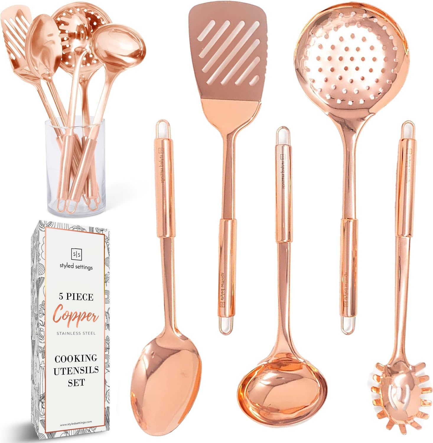 Copper Cooking Utensils Set – 5-Piece Rose Gold Stainless Steel Kitchen Tools for Cooking and