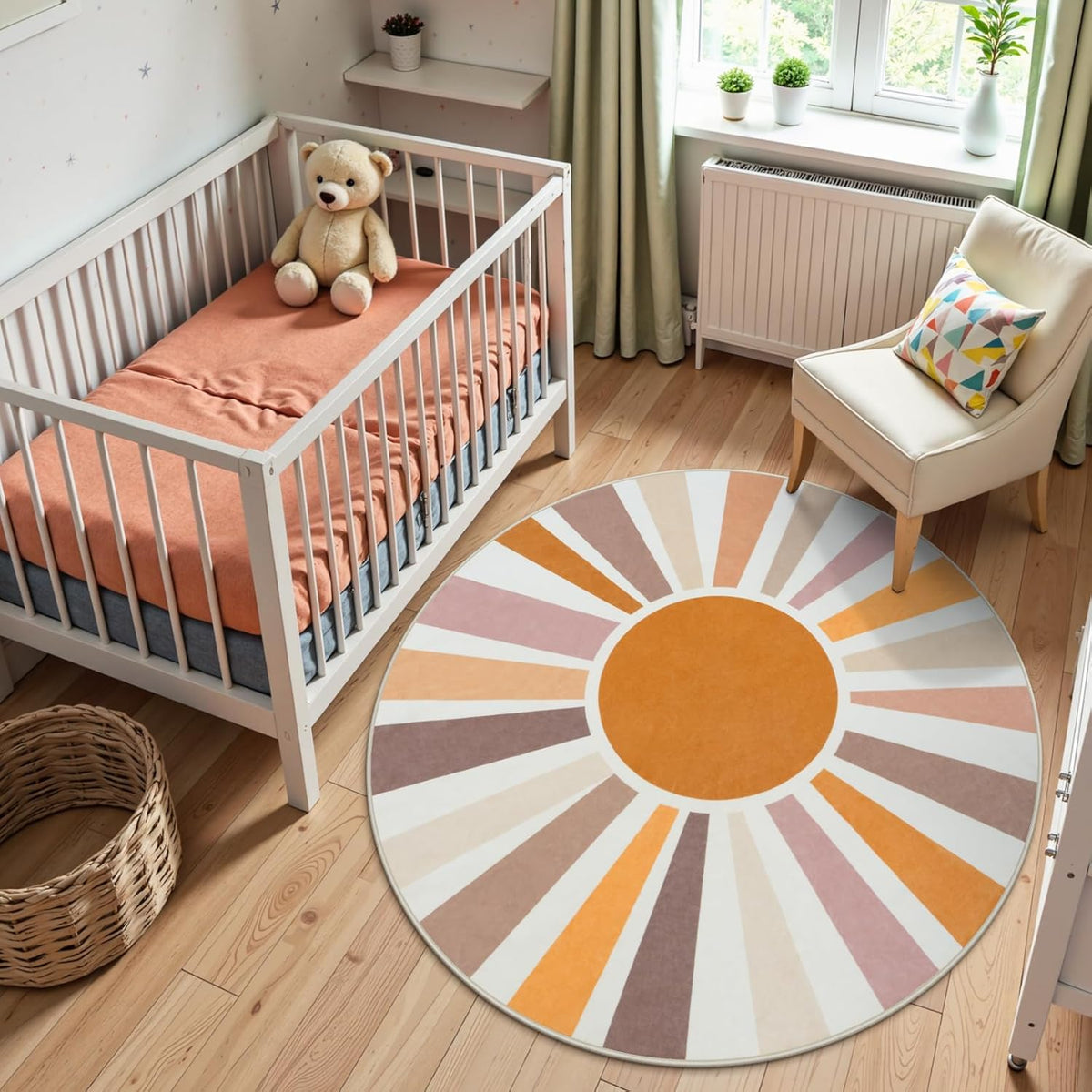 STARUIA Boho Sun Round Washable 6Ft Area Rug for Living Room, Soft Non-Slip Boho Rainbow Kids