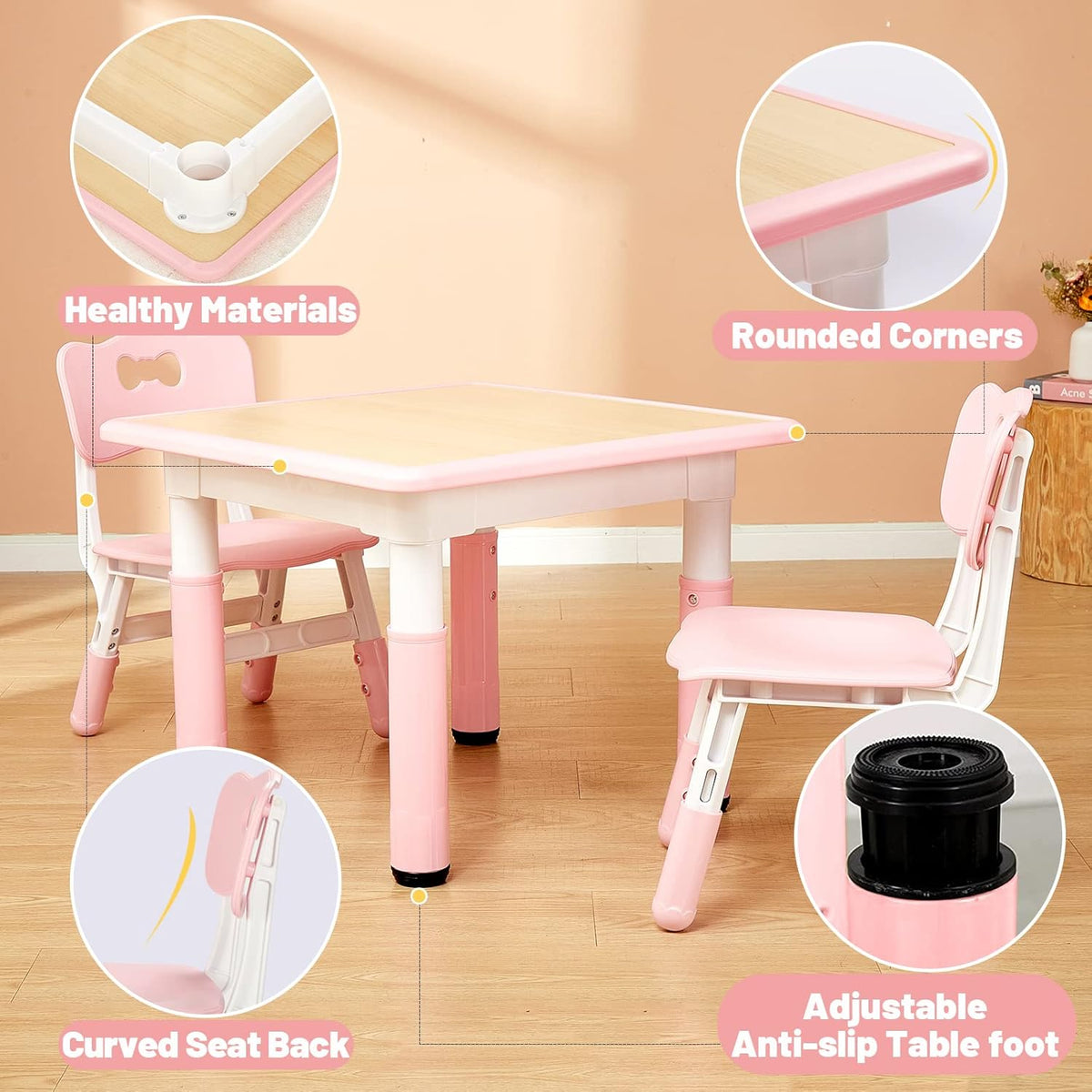 FUNLIO Kids Table and 4 Chairs Set, Height Adjustable Toddler Table and Chair Set for Ages 3-8