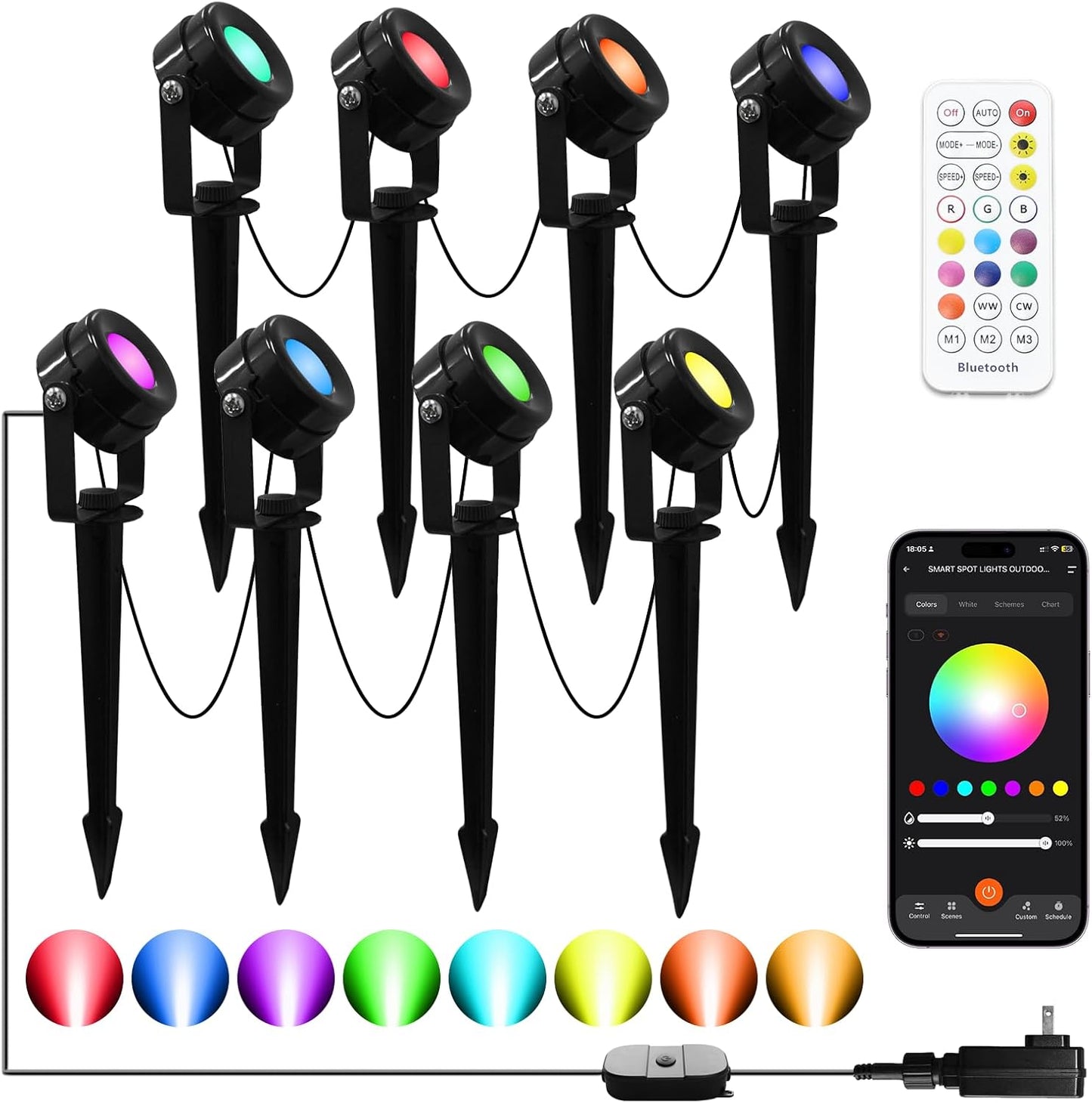Smart RGBW Spot Lights Outdoor, 8 Pack Low Voltage Landscape Lighting with APP & Remote Control