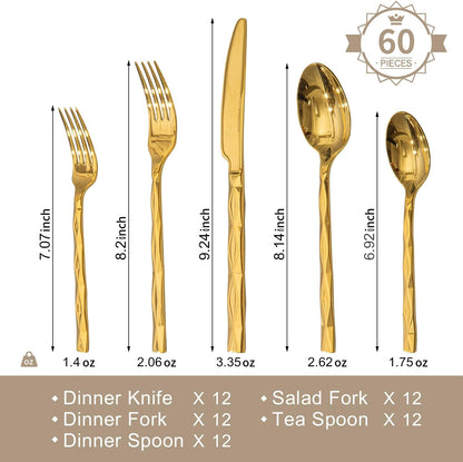 KINGSTONE Gold Silverware Set, Luxury 60 Piece Flatware Set for 12, 18/10 Stainless Steel Cutlery