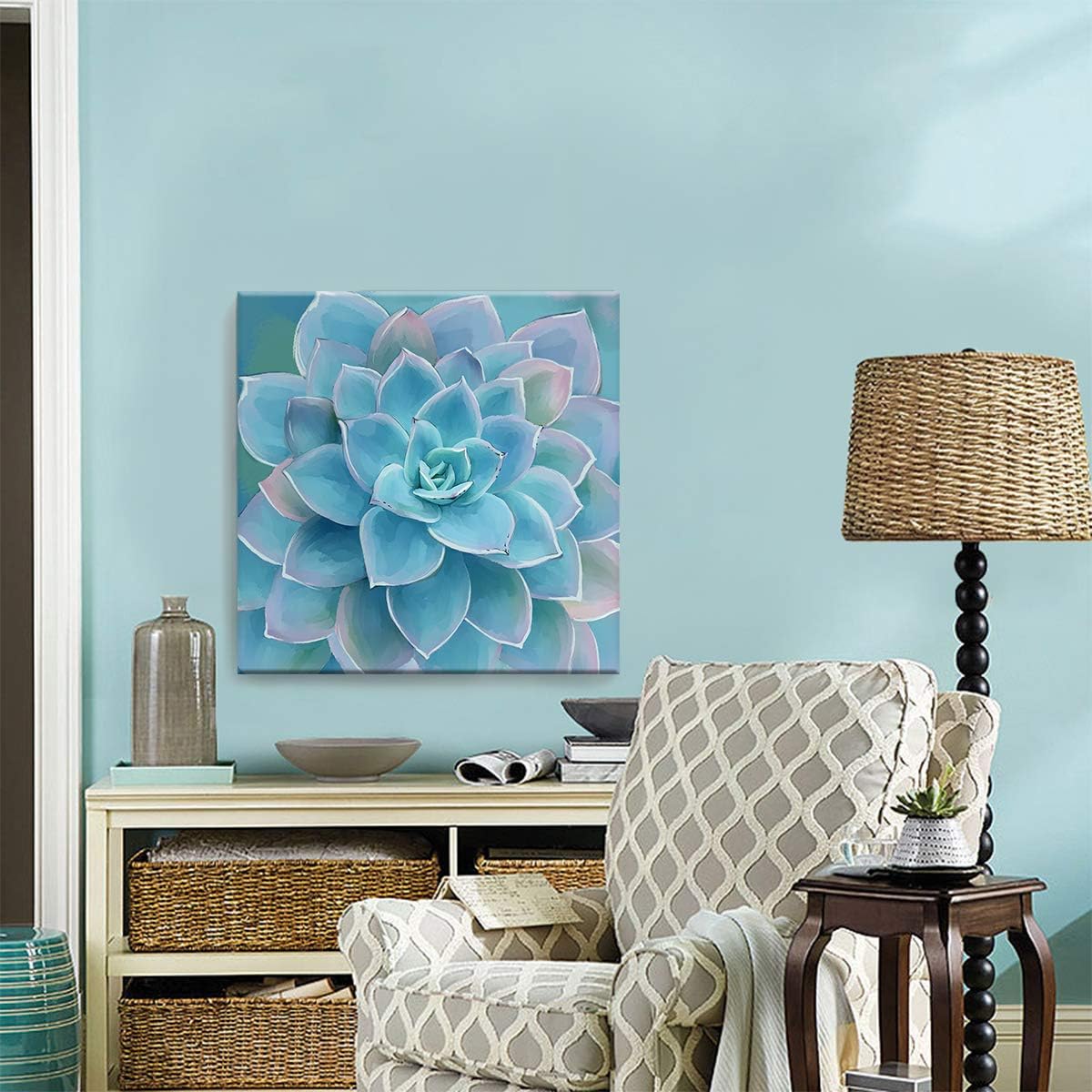 Wall Decor for Bedroom Canvas Artwork Blue-Green Succulents Prints Pictures Wall Art for Living