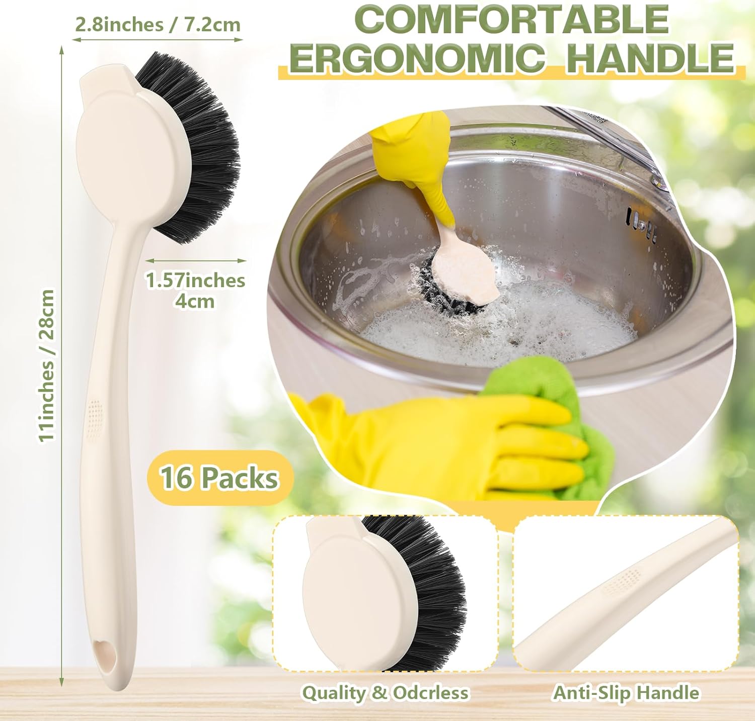 16 Pack Dish Brush with Handle Dish Scrubber Brush with Built-in Scraper Kitchen Scrub with Stiff