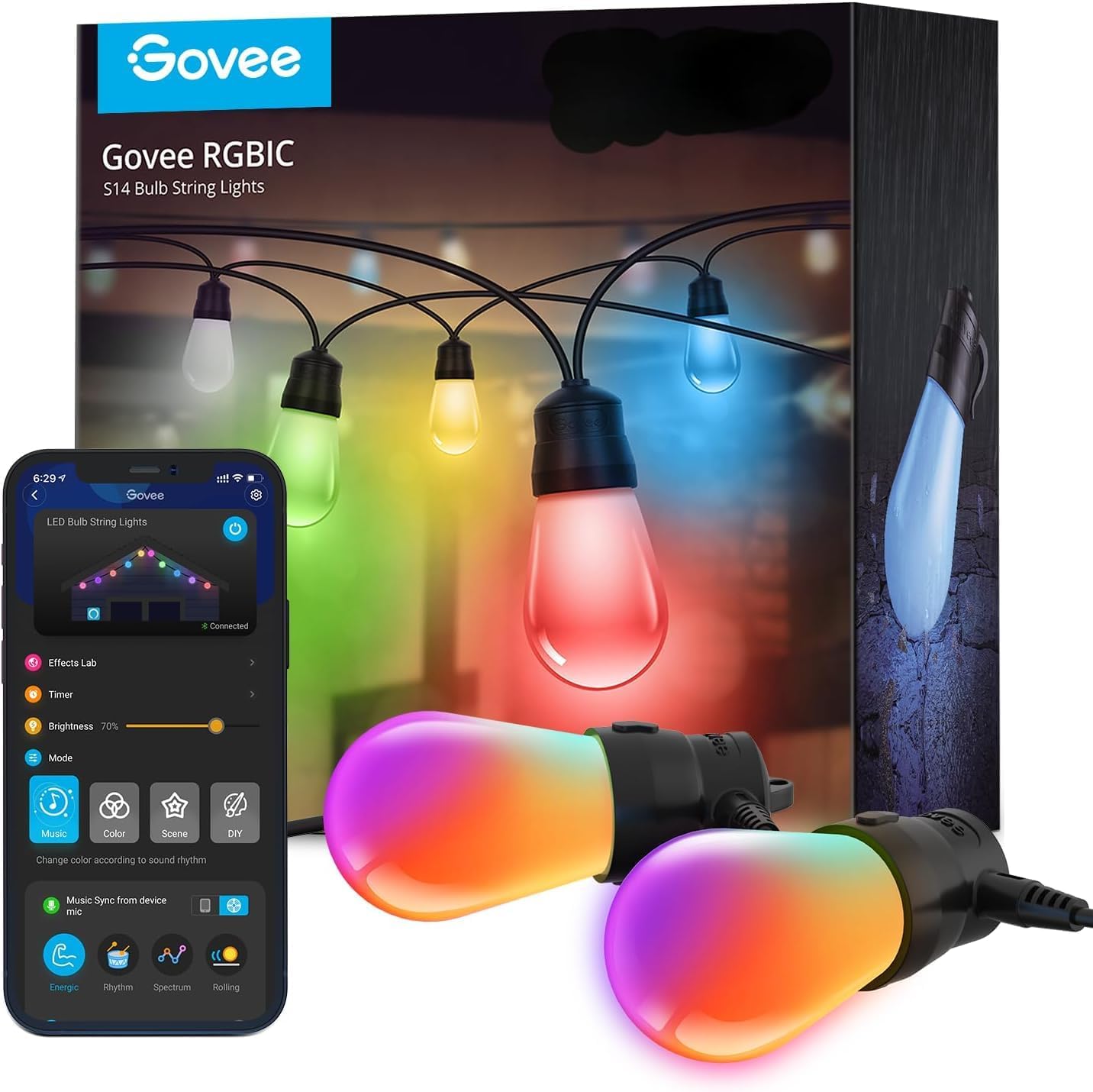 Govee Smart Outdoor String Lights H7015, 48ft RGBIC Outdoor Lights with 15 Dimmable LED Bulbs, IP65