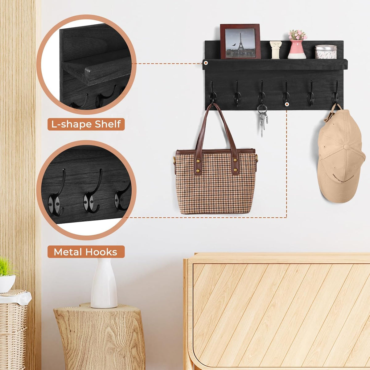 Shelf with Hooks, Coat Rack Wall Mount with 6 Double Metal Hooks, 17 Inch Farmhouse Wall Hooks with