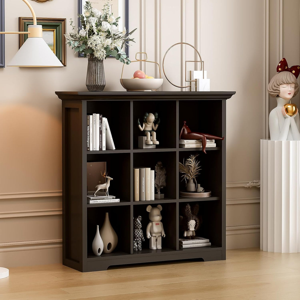 Cube Storage Bookcase with Base - Wooden 3 Tiers Floor Standing Open Shelf Cabinet for Home and