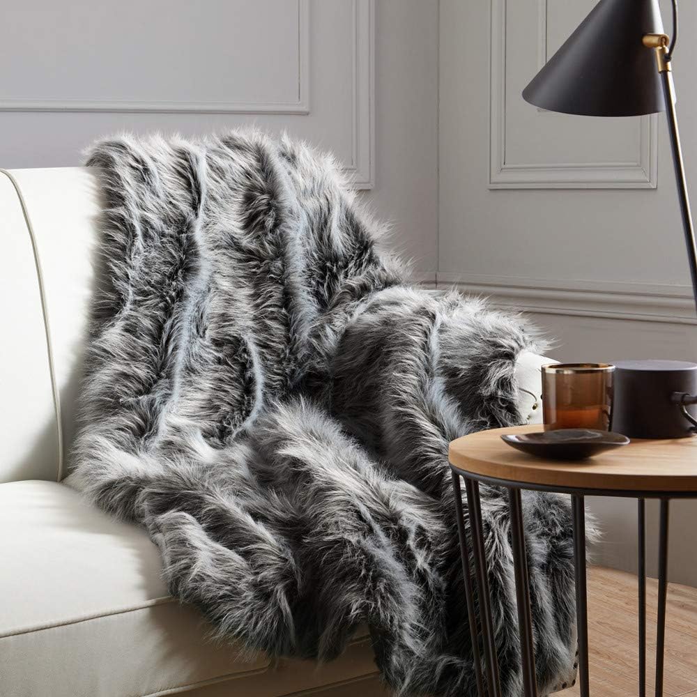 Luxury Faux Fur Throw Blanket, Grey and Black High Pile Mixed Throw Blanket, Super Warm, Fuzzy