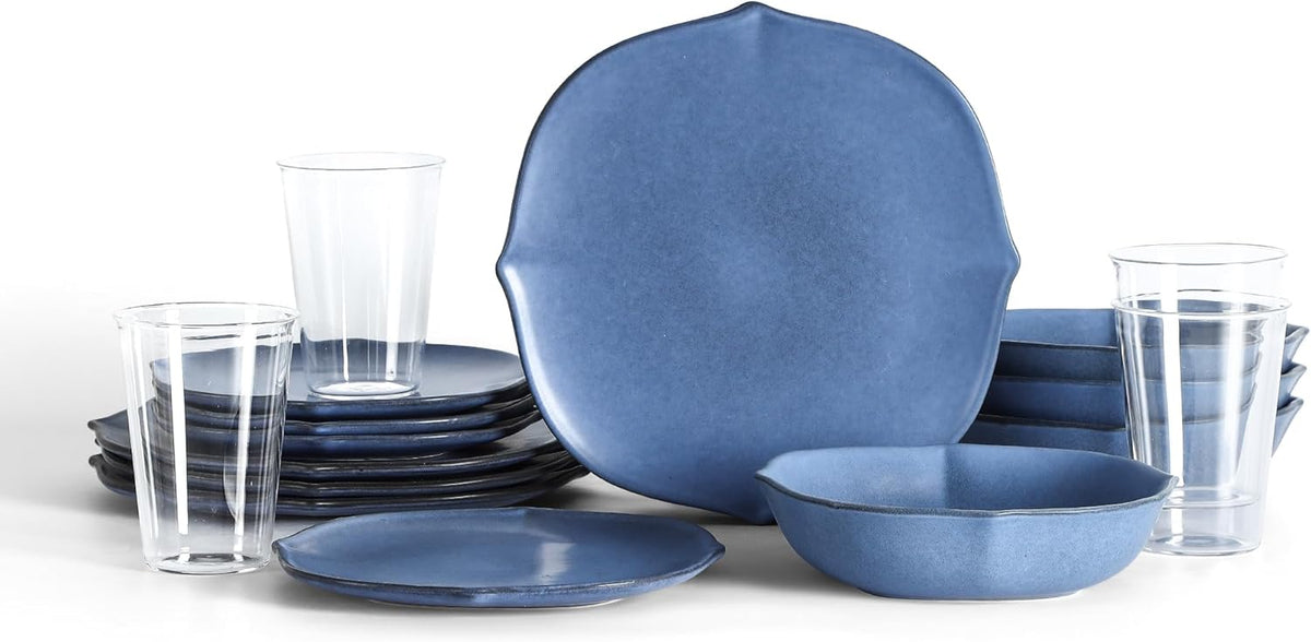 Stone Lain Baskerville 32-Piece Dinnerware Set Stoneware, Borosilicate Glass, Blue