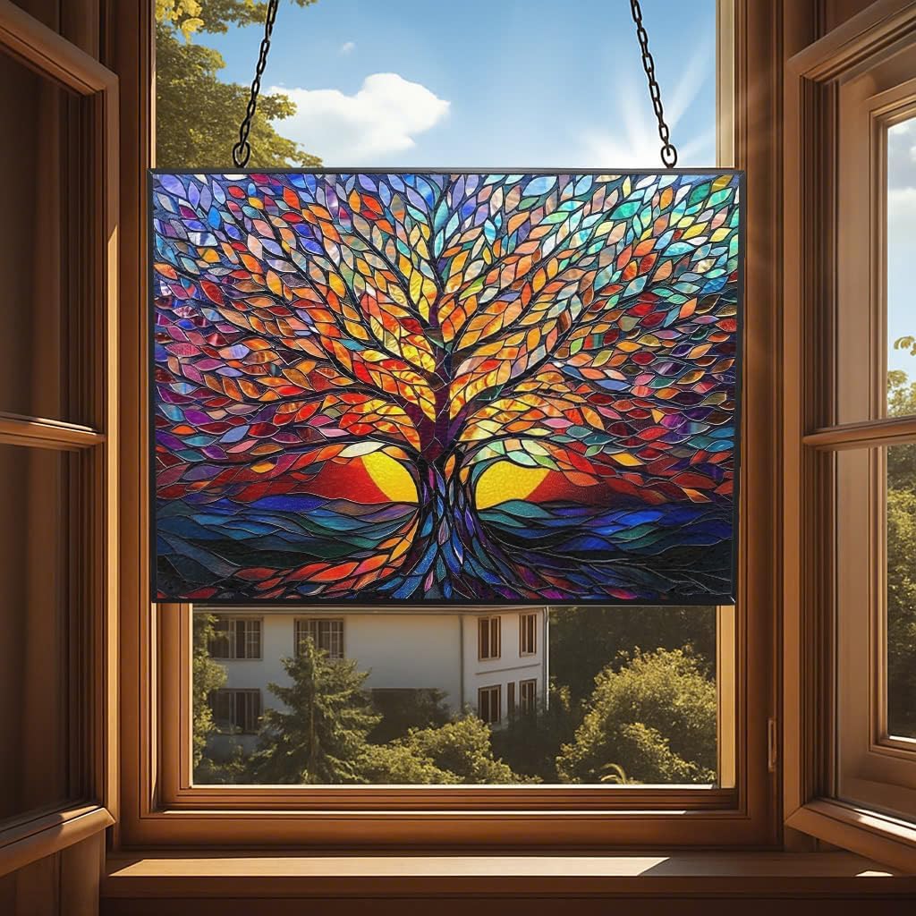 Rectangle Tree of Life Stained Glass Window Hanging Window Suncatcher Glass Panel with Metal Chain
