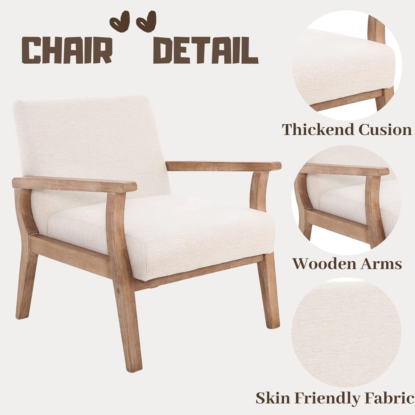 Beige Accent Chair Mid Century Modern Armchair Wood Sitting Chair Linen Fabric Upholstered Side