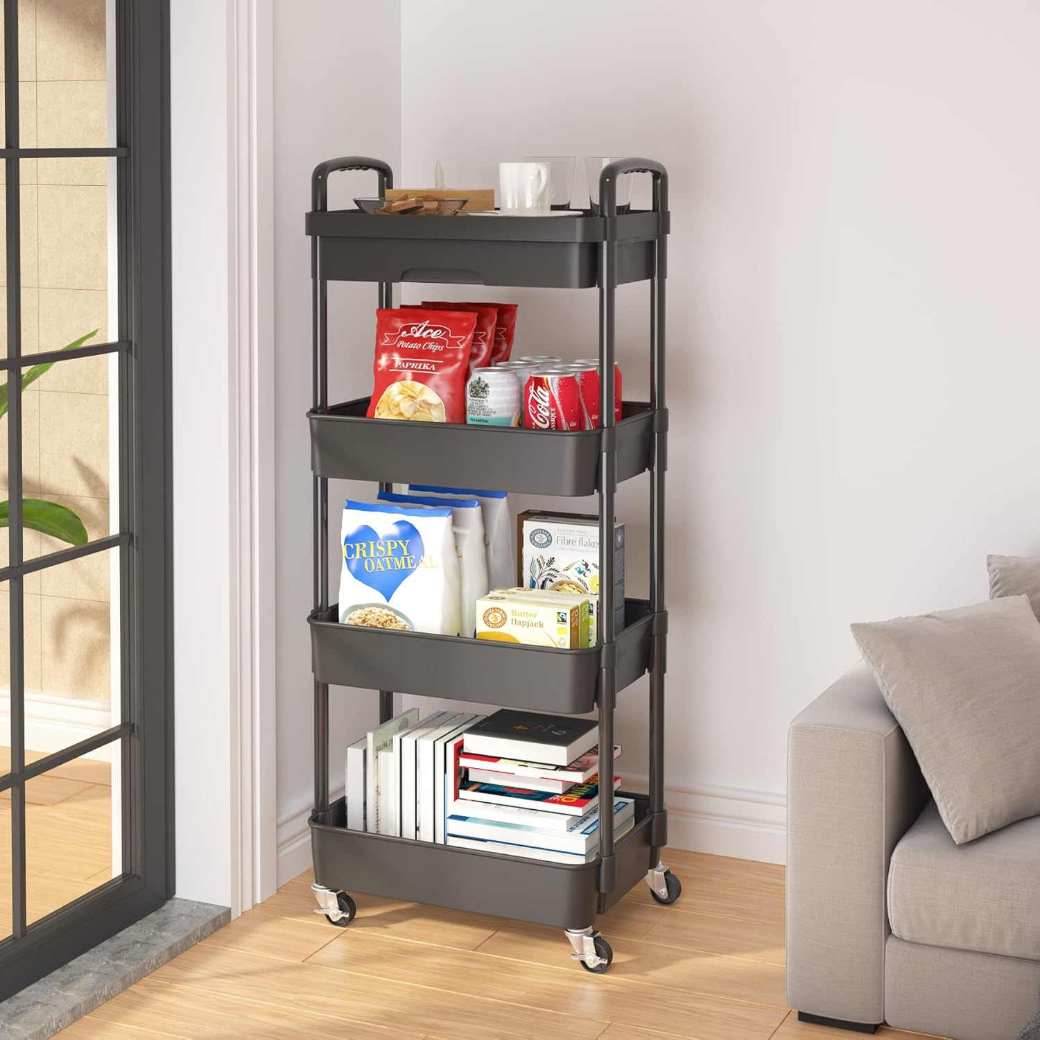 Calmootey 4-Tier Rolling Utility Cart with Drawer,Multifunctional Storage Organizer with Plastic