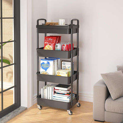 Calmootey 4-Tier Rolling Utility Cart with Drawer,Multifunctional Storage Organizer with Plastic