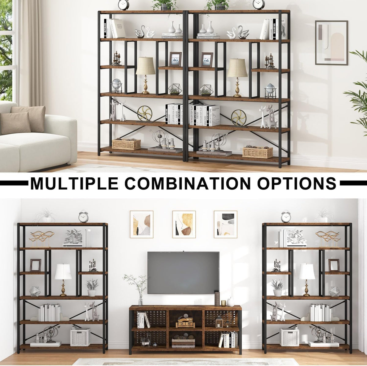 LVB Rustic Bookcases and Book Shelves, Metal Wood 6 Tier Bookshelf and Book Rack Storage