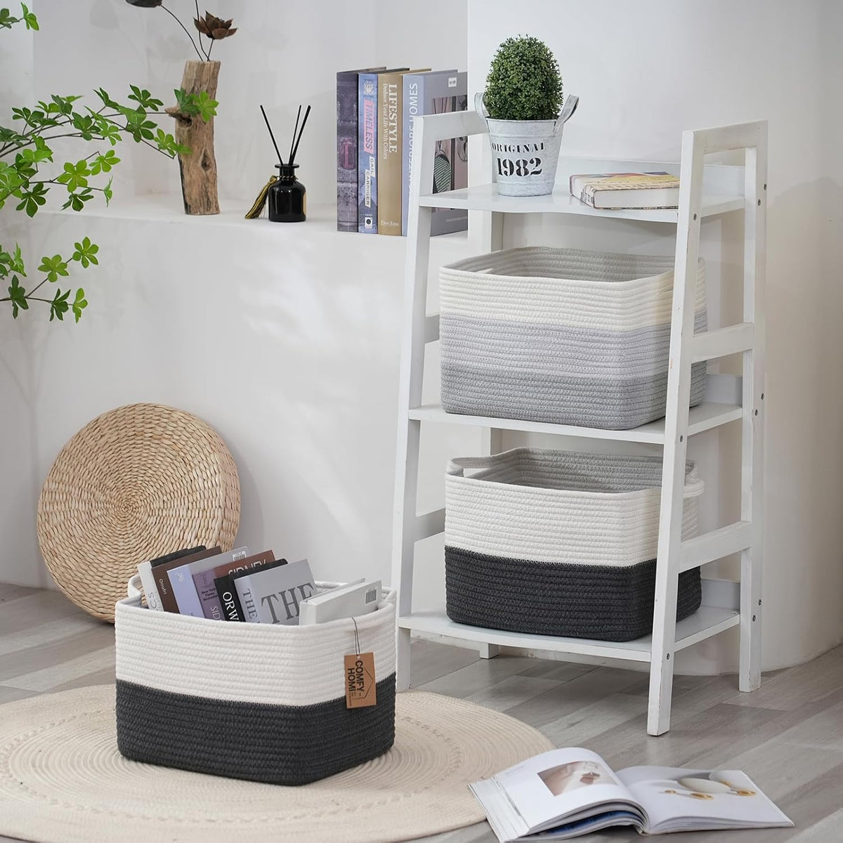 COMFY-HOMI Cotton Rope Woven Basket with Handles for Shelves,Toys,Book, Cloth Storage Baskets Bin