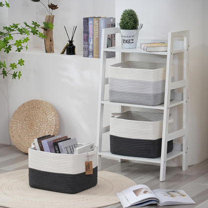 COMFY-HOMI Cotton Rope Woven Basket with Handles for Shelves,Toys,Book, Cloth Storage Baskets Bin