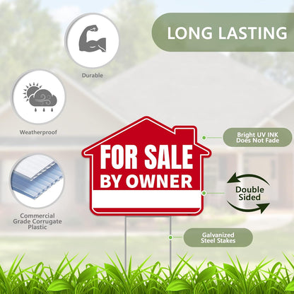 1PC For Sale By Owner Sign with Stakes, 17 Inches by 13 Inches - Double Sided Signs - Corrugated