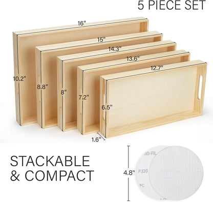 LotFancy Wooden Nested Serving Trays, Set of 5, Unfinished Natural Wood Trays with Handles, for