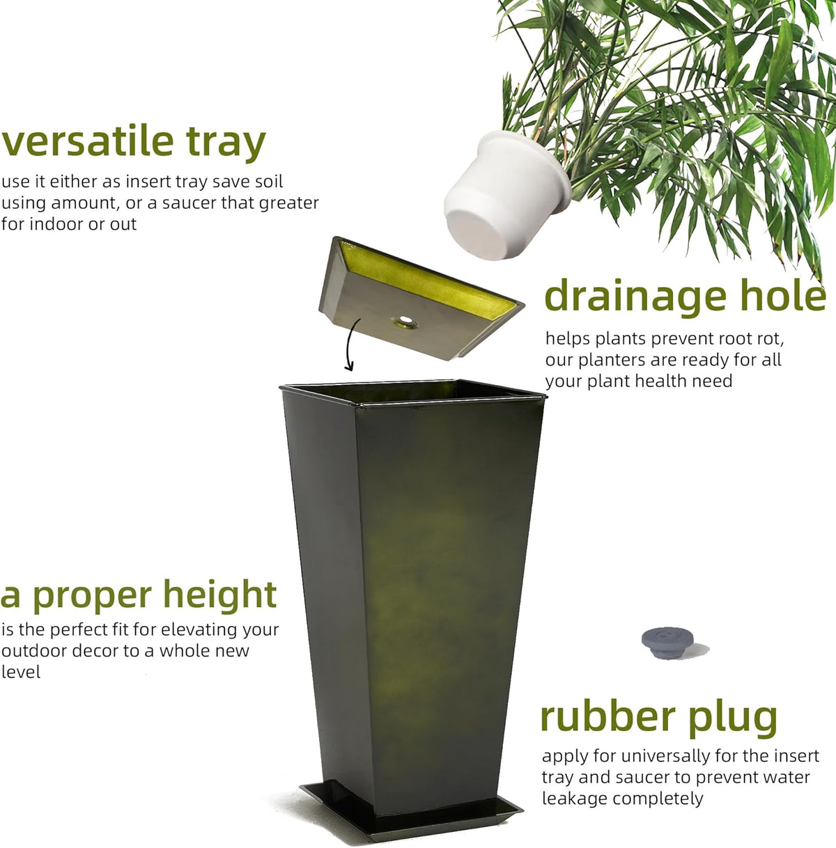 KOL 28''H. Tall Metal Planter with Saucer, Galvanized Steel Glazed Planter Pots with Drainage Hole
