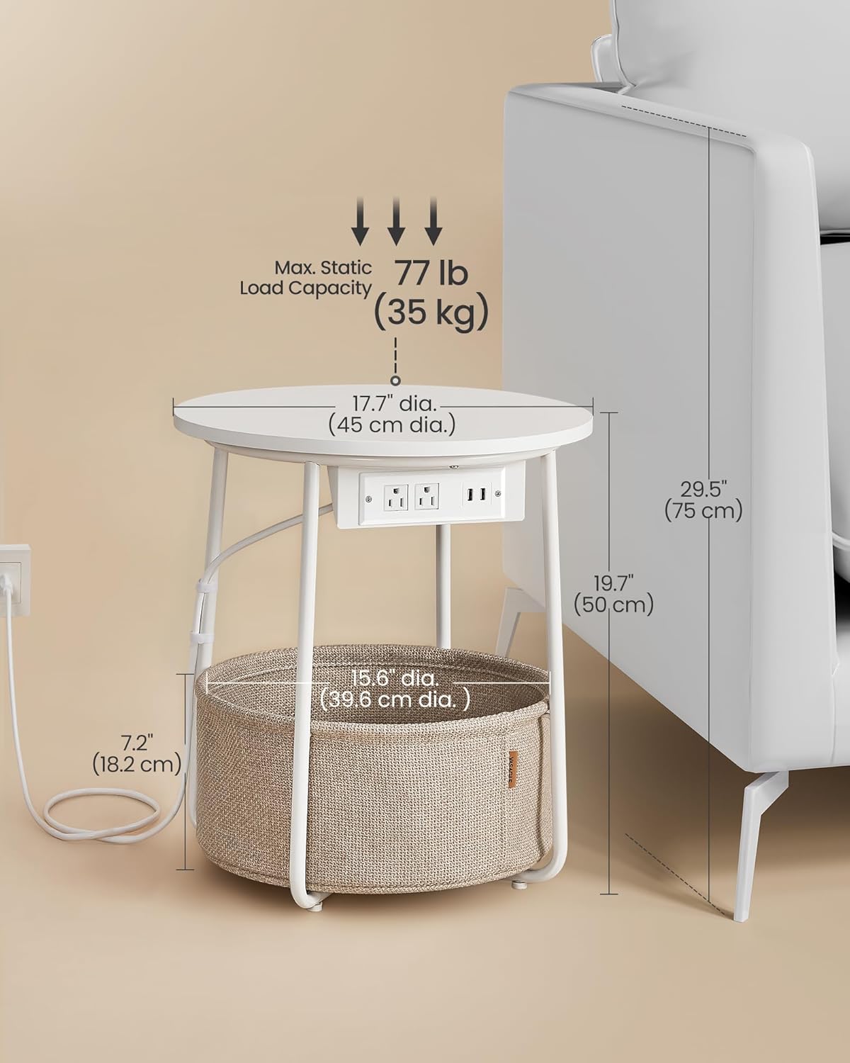 VASAGLE Side Table with Charging Station, Round End Table with Fabric Basket, Nightstand with Power