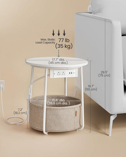VASAGLE Side Table with Charging Station, Round End Table with Fabric Basket, Nightstand with Power