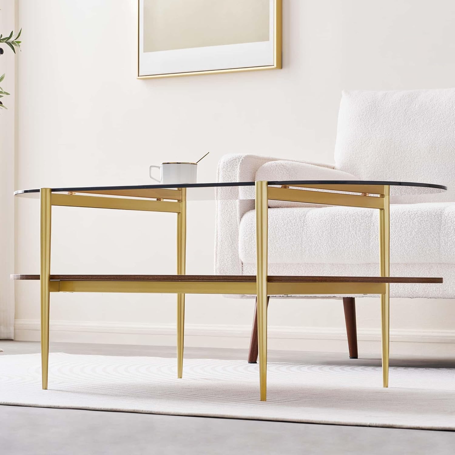 Oval Glass Coffee Table, Mid-Century Modern Design, L41 x W21 x H17 inch, for Living Room, 2-Tier